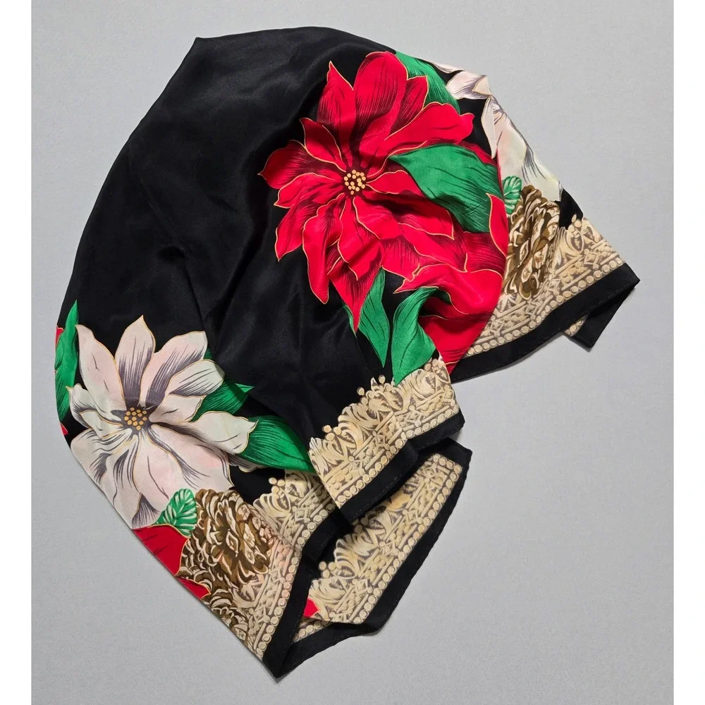 Vintage Christmas Poinsettia Floral Scarf 35x33 Black Red White Holiday Poly